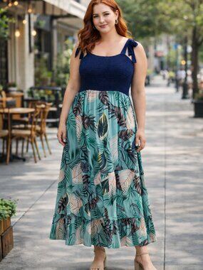 Unbranded Tropical Leaf Midi Dress | Navy Smocked Bodice | Tie Straps
